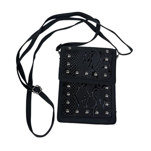 Black Faux Leather Animal Print Textured Studded Small Crossbody Bag - Picture 1 of 5